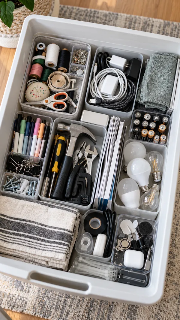 Un bac de rangement rempli d’outils et de fournitures, vu de dessus