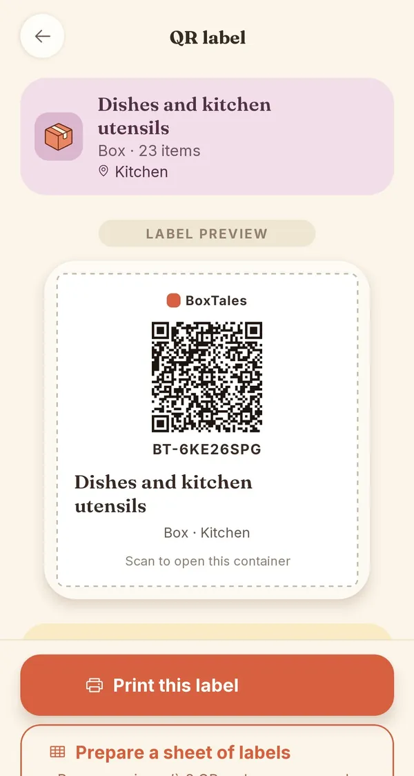 BoxTales screen: a box’s QR label, ready to print