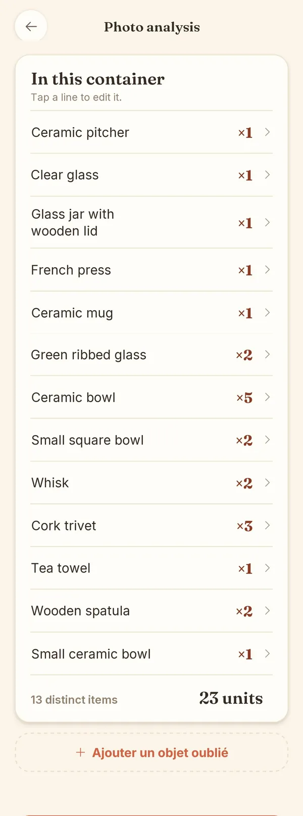 BoxTales screen: the list of items in the box, ready to confirm