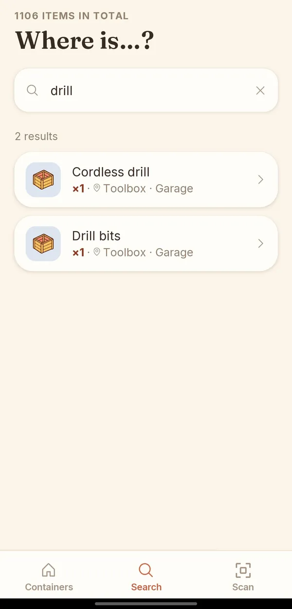 BoxTales screen: searching for a drill points to the toolbox in the garage