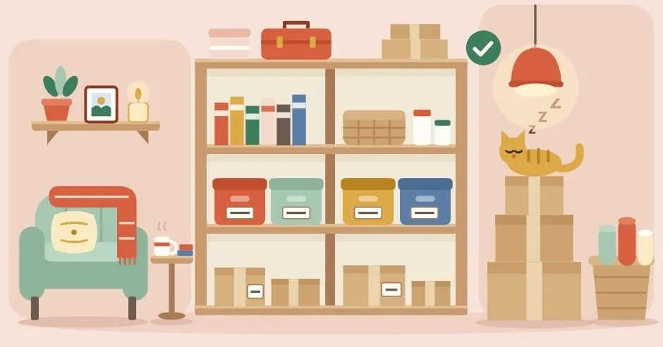 Illustration de BoxTales : une étagère de boîtes rangées et un chat endormi sur les cartons