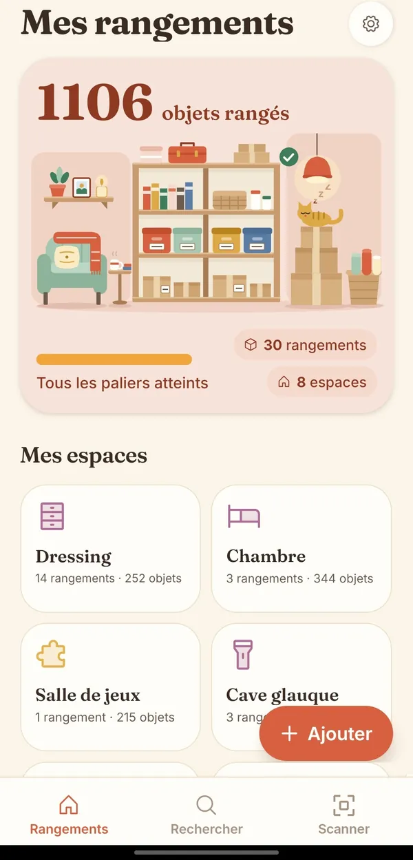Écran d’accueil BoxTales : les espaces de la maison et leurs rangements