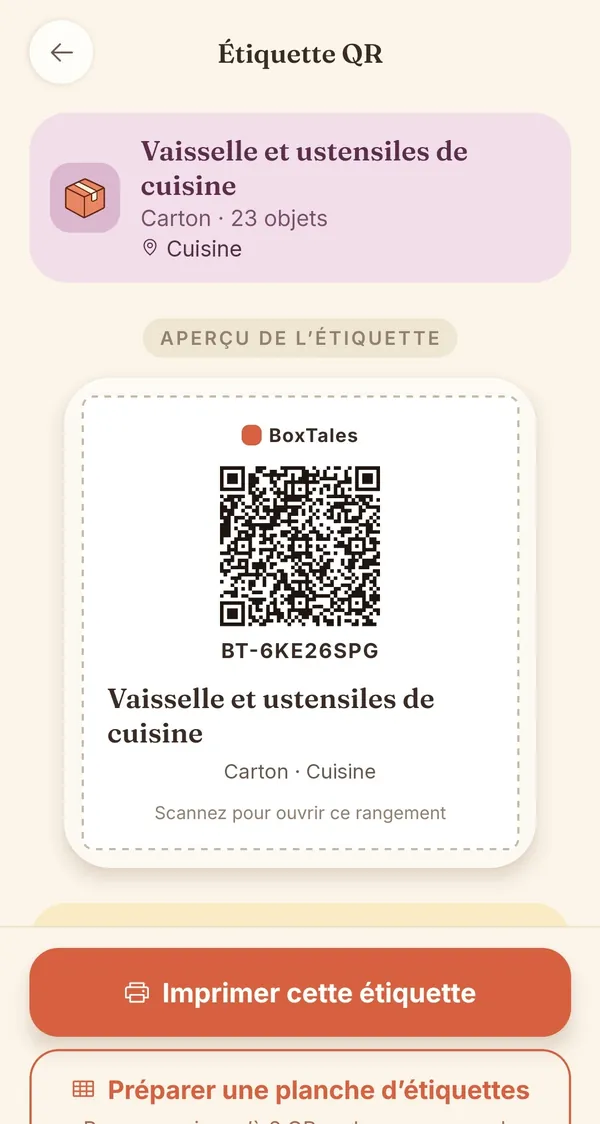 Écran BoxTales : l’étiquette QR d’un rangement, prête à imprimer
