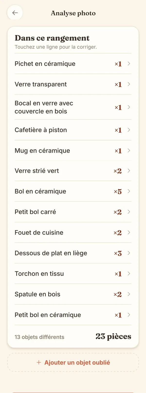 Écran BoxTales : la liste des objets du carton, prête à valider